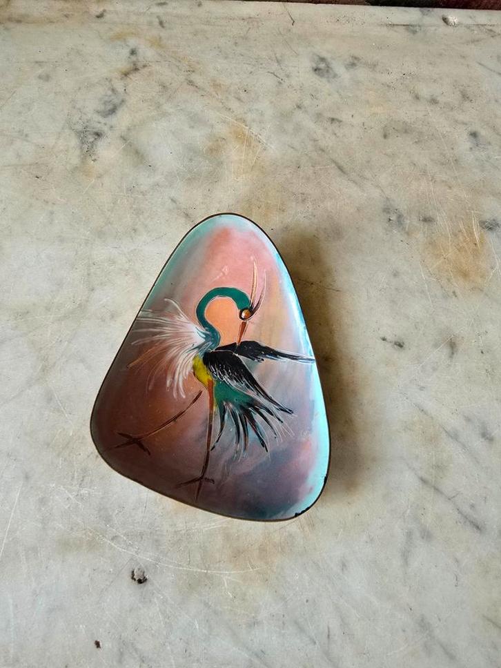 Geëmailleerd koperen schaaltje kraanvogel, Antiek en Kunst, Antiek | Koper en Brons, Ophalen of Verzenden