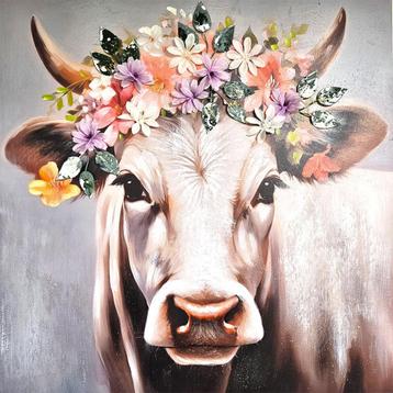 3D Schilderij | Koe & Bloemen | 80x80 | Peinted beschikbaar voor biedingen