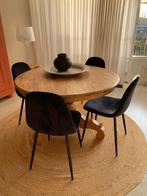 Ronde Teakhouten eettafel met 4 stoelen, Ophalen, Gebruikt, Vier personen, 100 tot 150 cm