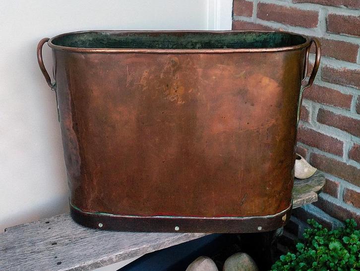 Antiek Koperen Pot Bak - Bloempot Plantenbak - Zie Omschr, Tuin en Terras, Bloembakken en Plantenbakken, Zo goed als nieuw, Metaal