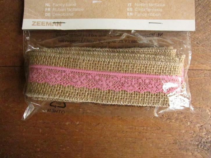 Jute lint, linnen lint met roze kanten strook, 2 meter, Hobby en Vrije tijd, Scrapbooking, Nieuw, Versiering of Embellishment