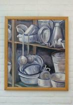 SALE Brocante schilderij, wit blauw emaille, Ans de Koning, Antiek en Kunst, Kunst | Schilderijen | Klassiek, Ophalen of Verzenden