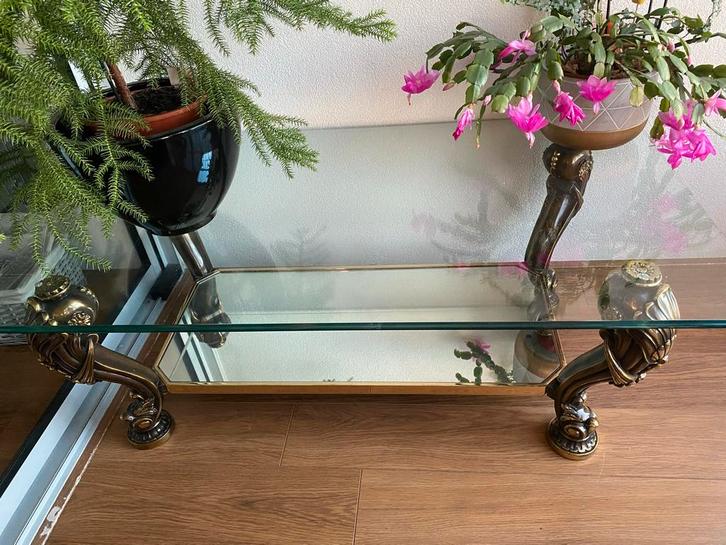Glazen salontafel met messing poten & spiegelplateau, Antiek en Kunst, Antiek | Meubels | Tafels, Ophalen of Verzenden