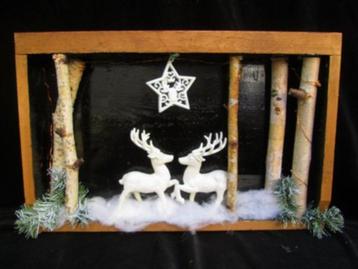 Wanddecoratie Kerst Schilderij Hertjes Berkenstam & Lampjes beschikbaar voor biedingen