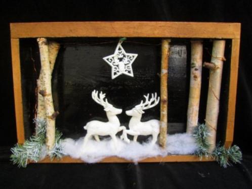 Wanddecoratie Kerst Schilderij Hertjes Berkenstam & Lampjes, Diversen, Kerst, Ophalen of Verzenden