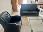 Klassiek donkerblauw leren bankstel + stoel, Huis en Inrichting, Fauteuils, Ophalen, 100 tot 125 cm, Klassiek, Zo goed als nieuw