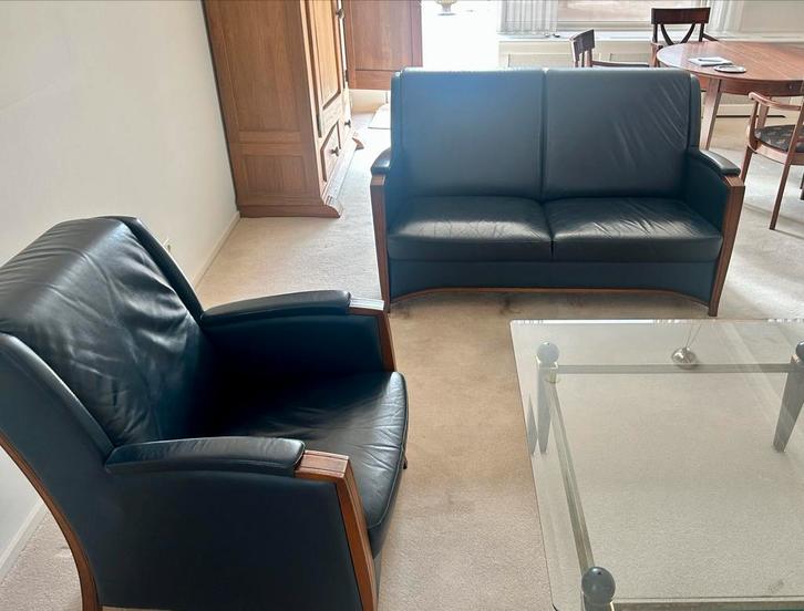 Klassiek donkerblauw leren bankstel + stoel, Huis en Inrichting, Fauteuils, Zo goed als nieuw, Leer, 125 cm of meer, 100 tot 125 cm