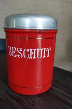 Leuke brocante rode emaille beschuitbus met witte letters, Ophalen of Verzenden