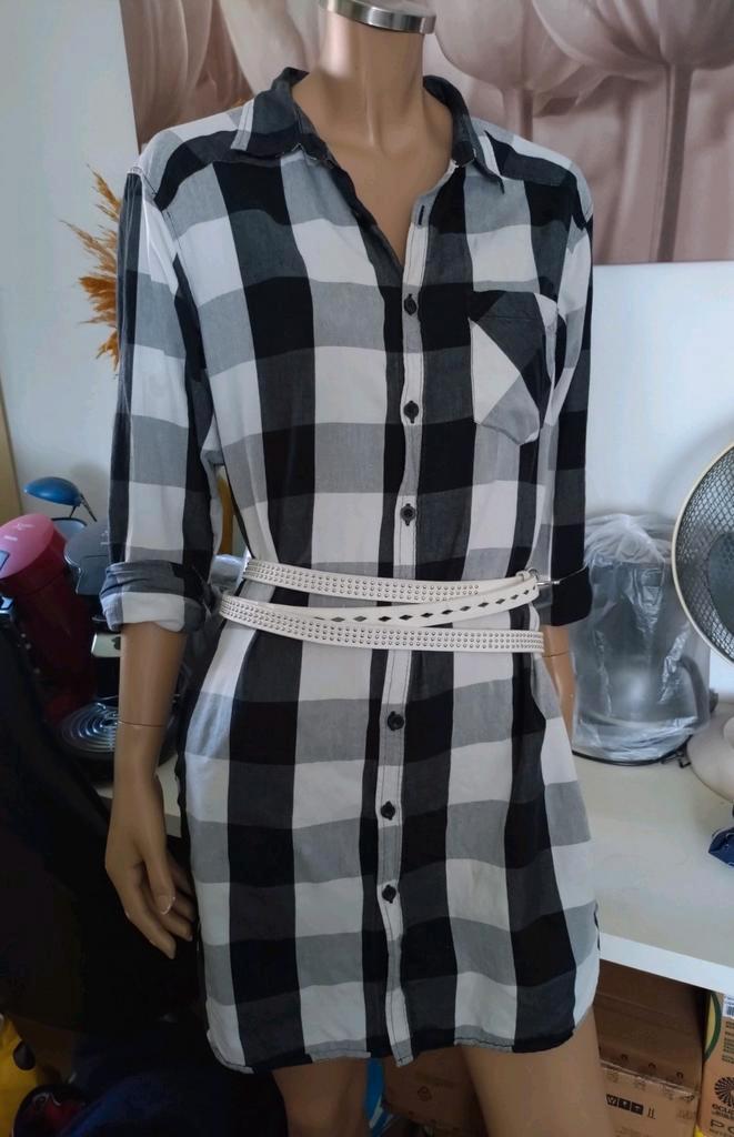 Leuke lange katoenen zwart wit grijs H&M maat 40 42, Kleding | Dames, Blouses en Tunieken, Gedragen, Maat 38/40 (M), Zwart, Ophalen of Verzenden