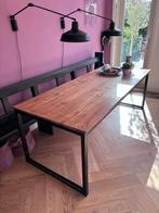 Massief houten eettafel 220x90 Metalen onderstel, Ophalen, Gebruikt, 200 cm of meer, 50 tot 100 cm