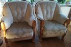2 goed zittende eikenhouten gestoffeerde fauteuils, Huis en Inrichting, Fauteuils, Ophalen, Gebruikt, Hout, 75 tot 100 cm