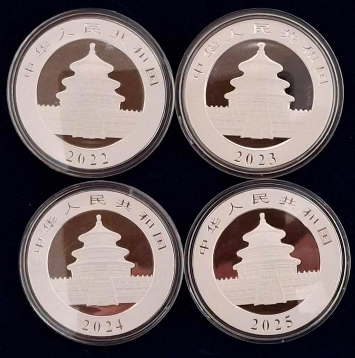 4 Chinese Zilveren Pandas 2022 / 2023 / 2024 / 2025,, Postzegels en Munten, Munten | Azië, Losse munt, Oost-Azië, Zilver, Ophalen of Verzenden