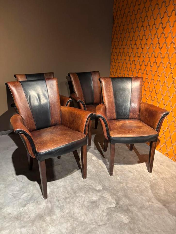 Schapenleren Eetkamerstoelenh met leuning Vintage, Huis en Inrichting, Stoelen, Gebruikt, Vier, Leer, Bruin, Ophalen of Verzenden