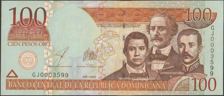 Dominicaanse Republiek 100 pesos oro 2003 aUNC p.171c (#227), Postzegels en Munten, Bankbiljetten | Amerika, Los biljet, Midden-Amerika