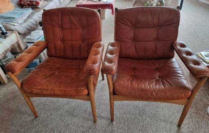 Vintage lederen fauteuils van Göte Möbler Nässjö uit Zweden, Huis en Inrichting, Fauteuils, Gebruikt, Hout, Leer, 50 tot 75 cm