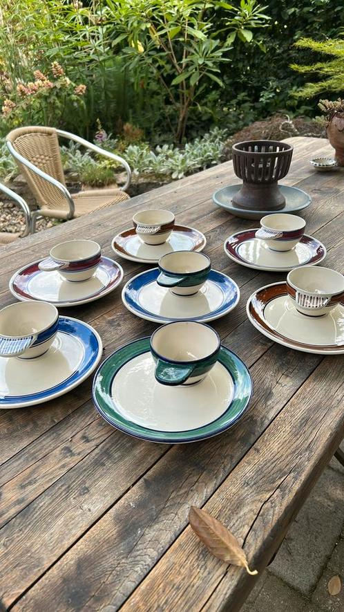7 vintage Franse bistro ontbijtsetjes bordje mokje Quimper, Antiek en Kunst, Antiek | Servies compleet, Ophalen of Verzenden
