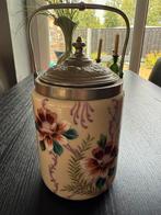 Antieke Koekjestrommel met Bloemmotief en Zilverkleurig Deks, Ophalen of Verzenden