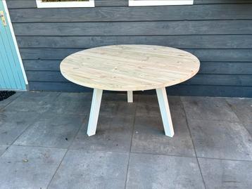 Ronde houten eettafel / tuintafel stalen poten wit beschikbaar voor biedingen