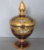 Boheems kristal - bonbonnière, bladgoud, opgelegde bloemen, Antiek en Kunst, Ophalen of Verzenden