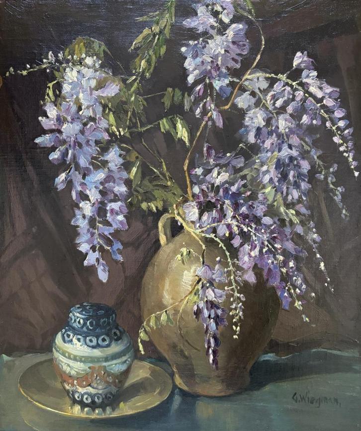 Gerard Wiegman  (1875-1964)-Stilleven met seringen in vaas, Antiek en Kunst, Kunst | Schilderijen | Klassiek, Ophalen of Verzenden