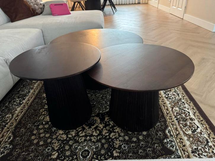 Houten salontafel set van 3, Huis en Inrichting, Tafels | Salontafels, Gebruikt, Minder dan 50 cm, 50 tot 100 cm, Rond, Overige houtsoorten