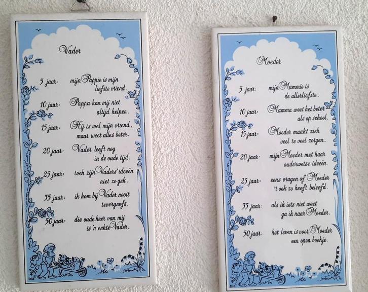 Set van 2 Delfts Blauwe wandtegels – Vader & Moeder teksten, Antiek en Kunst, Antiek | Wandborden en Tegels, Ophalen