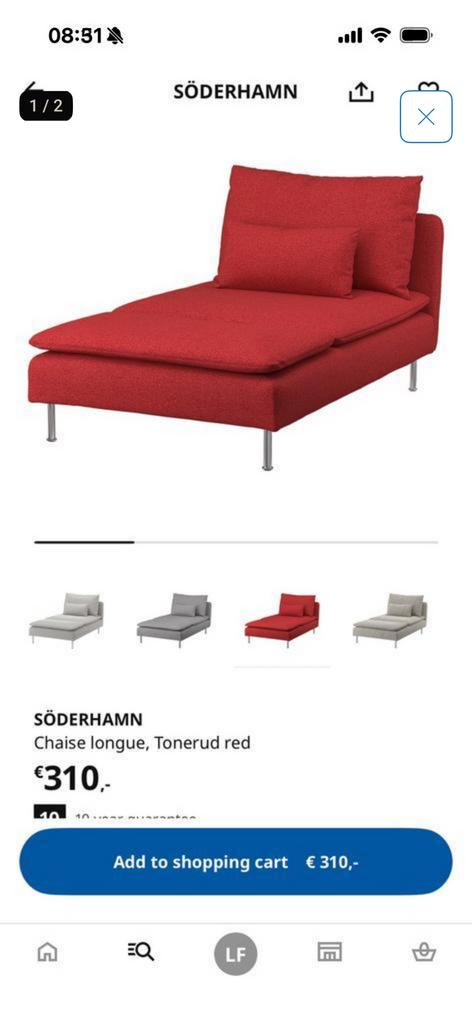 Söderhamn chaise longue Tonerud red, Ophalen, Zo goed als nieuw, Eenpersoons, Minder dan 150 cm