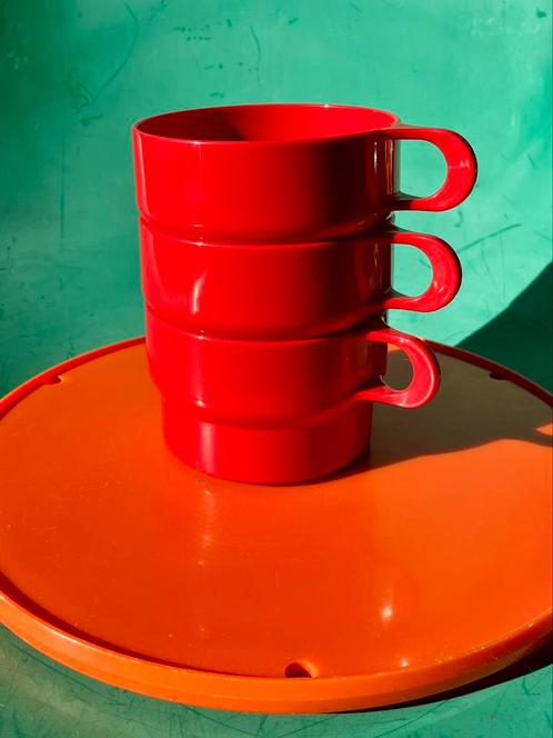 Retro soep kommen bekers set van 3 donker rood kunststof, Caravans en Kamperen, Camper-accessoires, Zo goed als nieuw, Ophalen of Verzenden