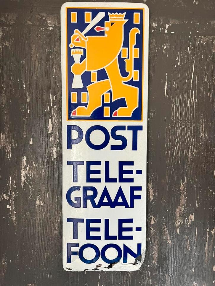 OUD EMAILLE BORD POST TELEGRAAF TELEFOON, Verzamelen, Merken en Reclamevoorwerpen, Gebruikt, Reclamebord, Ophalen