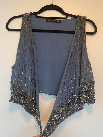  Zara gillet top blauw pailletten m 38/40 zgan