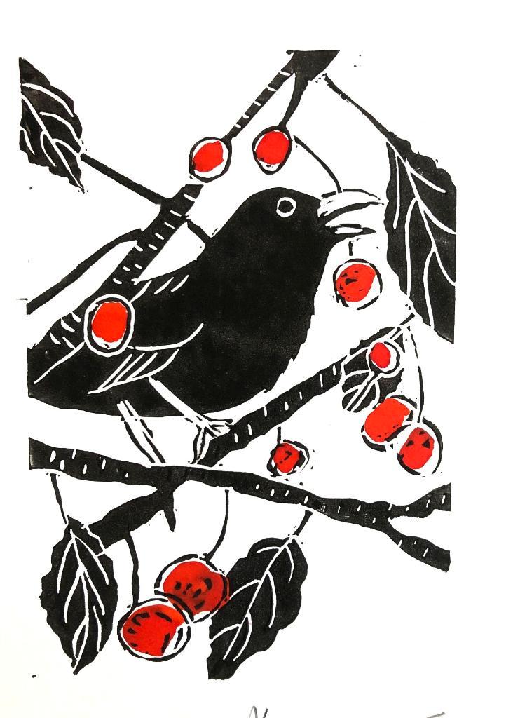 Linodruk (kleur) Merel, Antiek en Kunst, Kunst | Litho's en Zeefdrukken, Ophalen of Verzenden