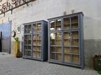 XL Vintage Houten Vitrinekast Blauw | Grote Vitrine Kast 2, Antiek Retro Vintage Brocante Landelijk, 200 cm of meer, 150 tot 200 cm