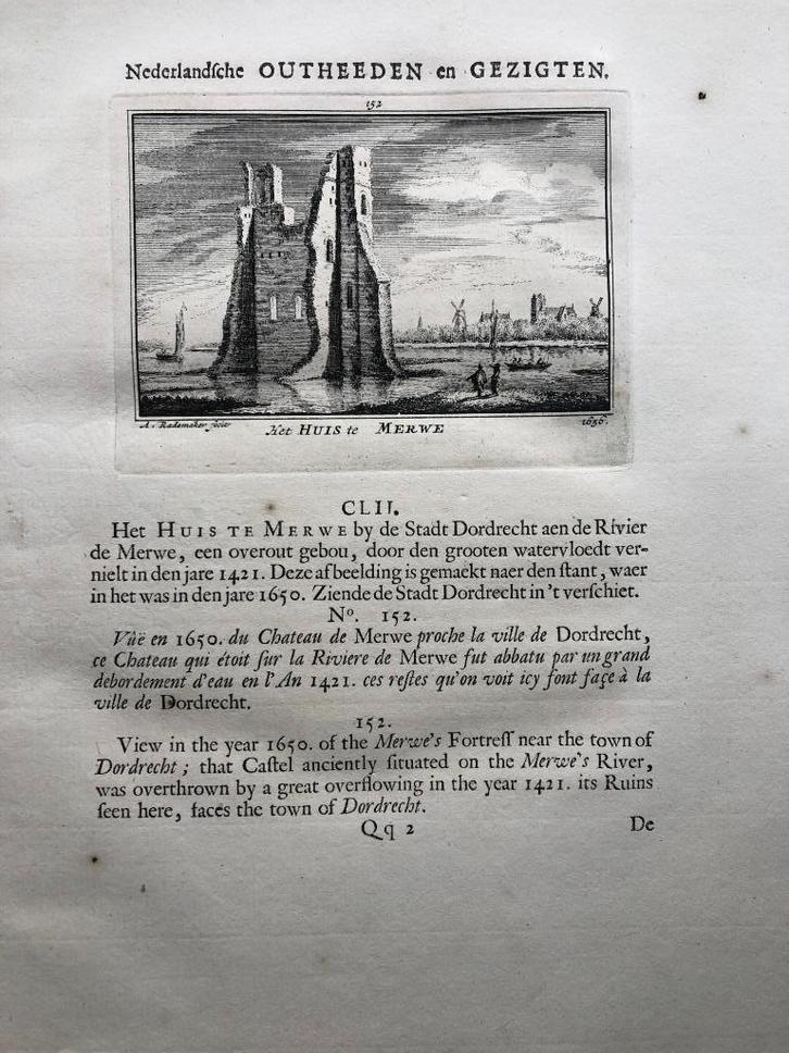 152 / Dordrecht Huis te Merwe Kopergravure 1732, Antiek en Kunst, Kunst | Etsen en Gravures, Ophalen of Verzenden