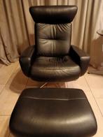 Zwarte lederen verstelbare relax Fauteuil met poef Vintage, Huis en Inrichting, Fauteuils, 75 tot 100 cm, Zo goed als nieuw, Metaal
