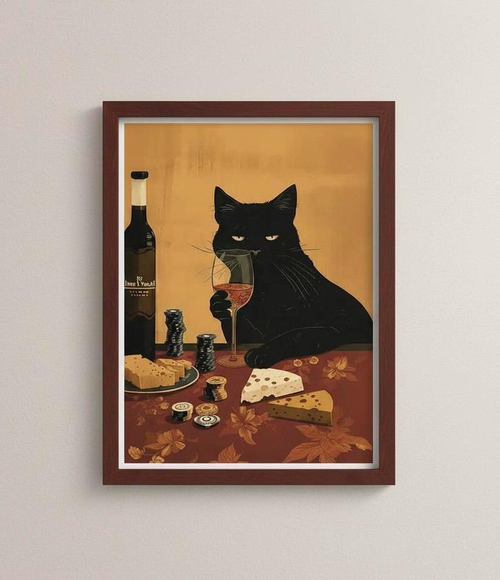 Canvas Poster 30 x 40 - Cat Cheese Wine, Verzamelen, Posters, Nieuw, Overige onderwerpen, A1 t/m A3, Vierkant, Canvas of Doek