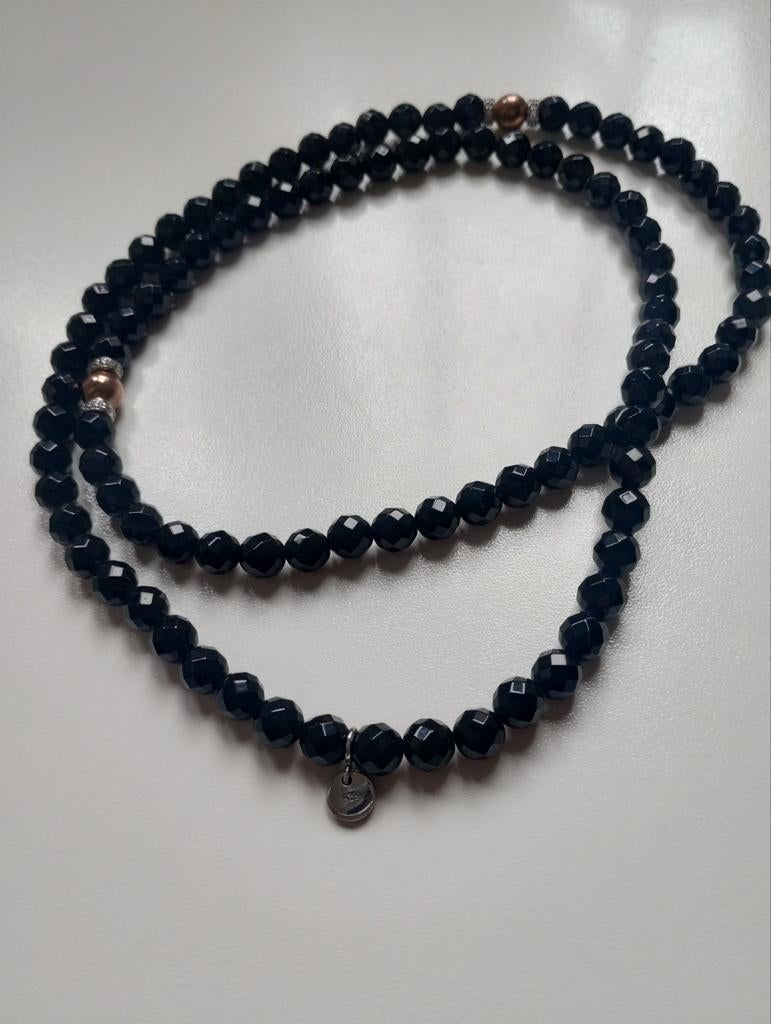 Tisento facet geslepen onyx beads en zilveren beads+hanger, Ophalen of Verzenden, Zo goed als nieuw, Zwart, Zilver
