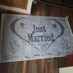 spandoek just married 1x 2 meter, Ophalen of Verzenden, Nieuw, Versiering, Geboorte of Huwelijk