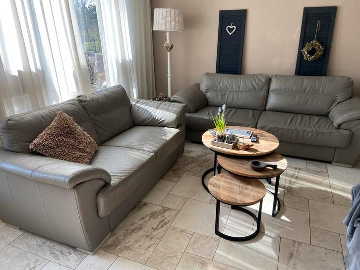 Mooi taupe kleurig leren bankstel, Huis en Inrichting, Banken | Complete zithoeken, Gebruikt, Leer, Ophalen of Verzenden