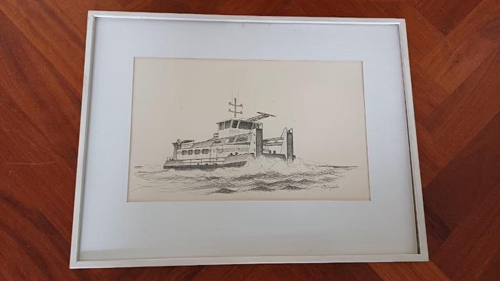 Pim Wijnbelt, tekening Veerpont ? Woudrichem Biesbosch 1981, Antiek en Kunst, Kunst | Tekeningen en Foto's, Ophalen of Verzenden
