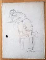 A493-49 Oude tekening Vrouw leunend op knie en elleboog, Ophalen of Verzenden