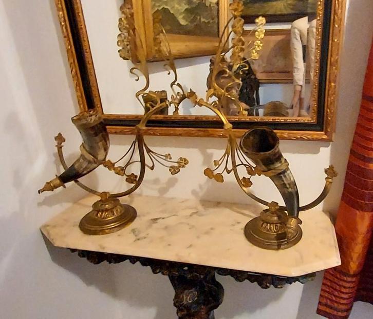 antiek bronzen houders met de `hoorns van overvloed`, Antiek en Kunst, Antiek | Koper en Brons, Brons, Ophalen of Verzenden