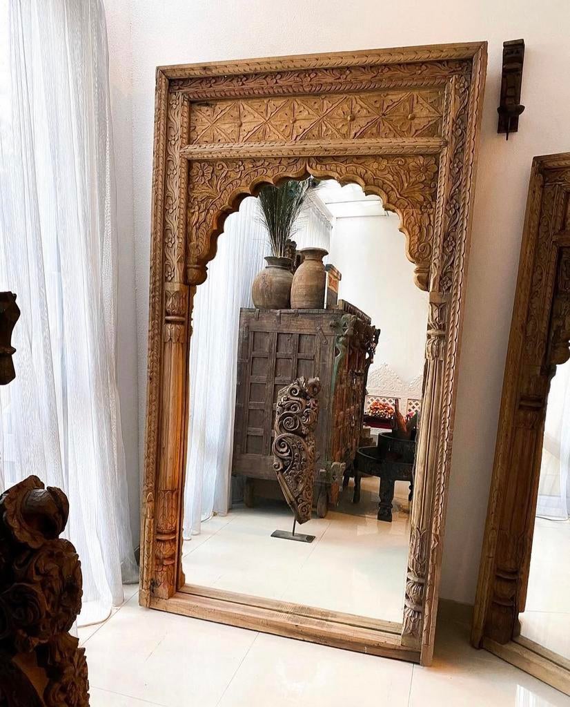 Spiegel vintage india 180cm houtsnijwerk, Antiek en Kunst, Ophalen, Rechthoekig