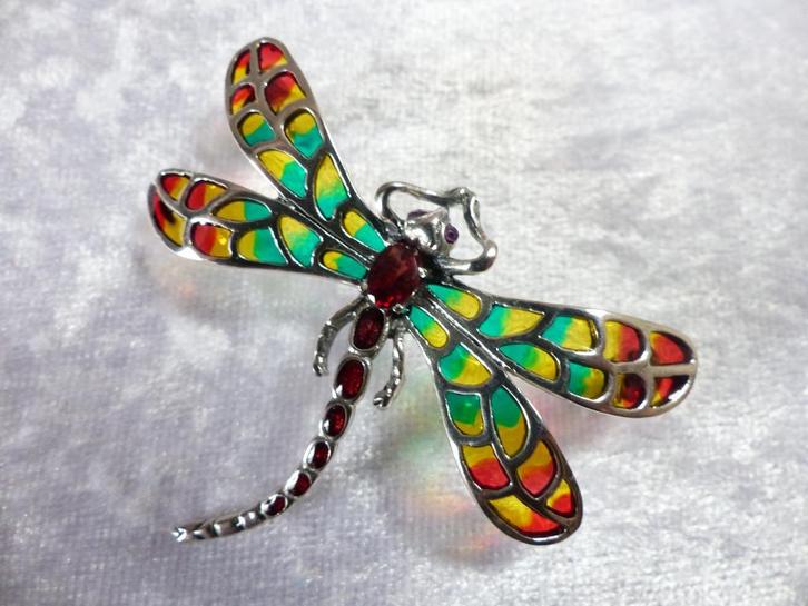 Prachtige Zilveren Tiffany Libelle Hanger / Broche - Granaat, Sieraden, Tassen en Uiterlijk, Antieke sieraden, Hanger, Zilver