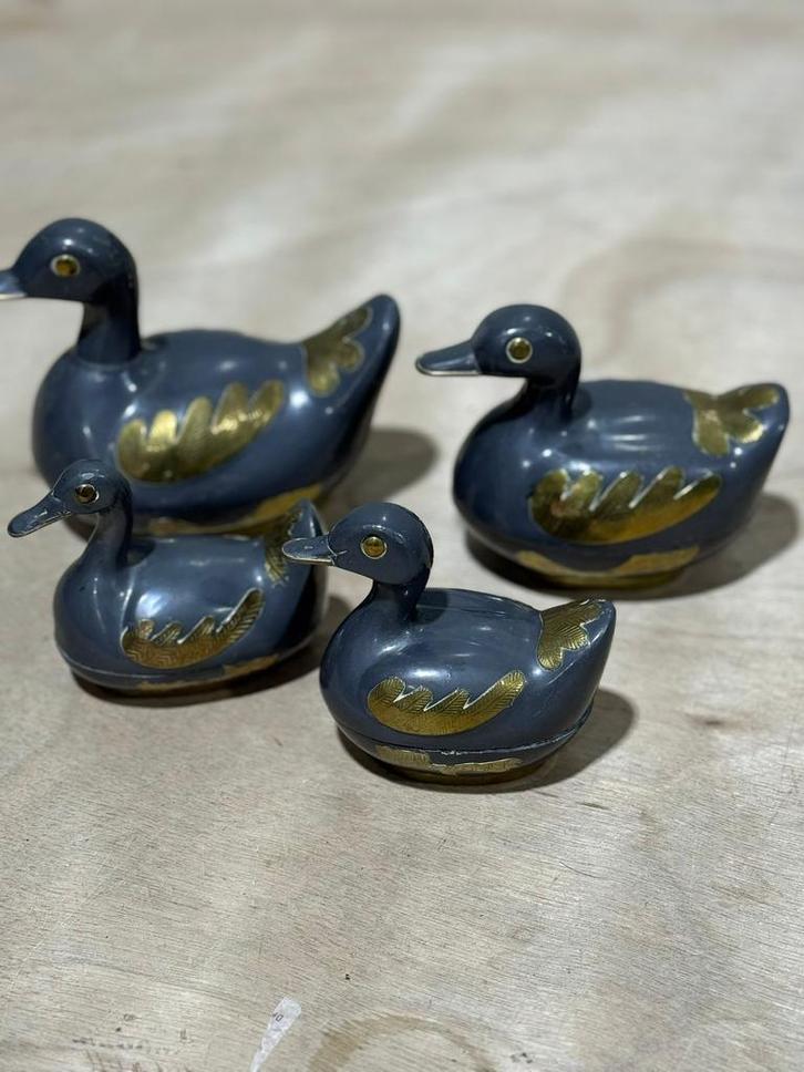 Set tinnen eenden doosjes – met goudaccenten, Verzamelen, Beelden en Beeldjes, Zo goed als nieuw, Dier, Ophalen of Verzenden