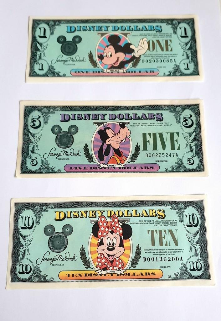 Set van 3 vintage Walt Disney Dollars | '88/'90 | $1-$5-$10, Verzamelen, Disney, Zo goed als nieuw, Overige typen, Mickey Mouse