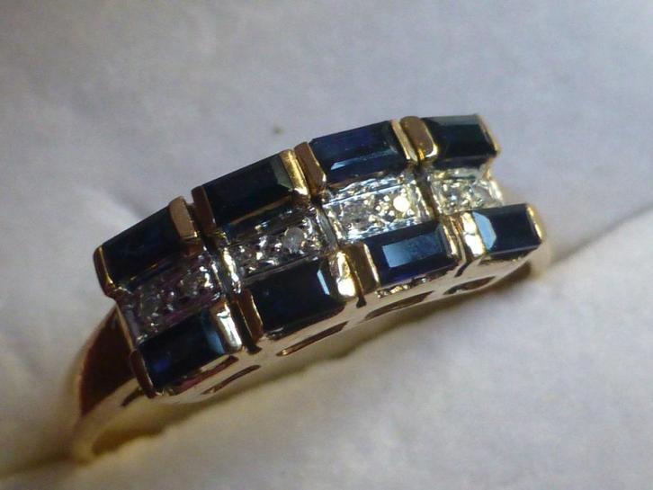 14 kt Gouden Ring 8 Diamantjes + 8 Saffieren/ gesigneerd, Sieraden, Tassen en Uiterlijk, Antieke sieraden, Ring, Goud, Met edelsteen