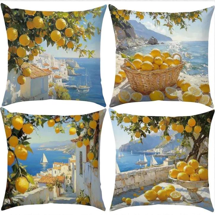 Set van 4 kussenhoezen kustdorp citroenen 45x45cm, Huis en Inrichting, Woonaccessoires | Kussens, Nieuw, Blauw, Vierkant, Ophalen of Verzenden