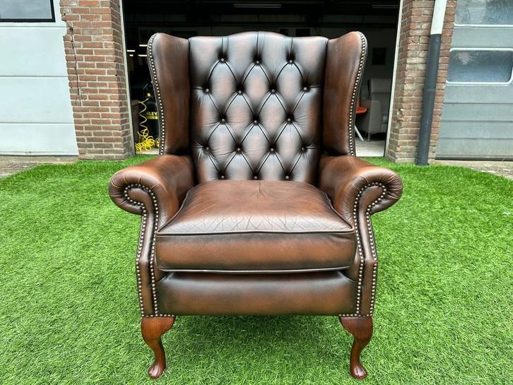 Originele CHESTERFIELD oor fauteuil stoel bruin leer zetel, Huis en Inrichting, Stoelen, Zo goed als nieuw, Eén, Hout, Leer, Stof