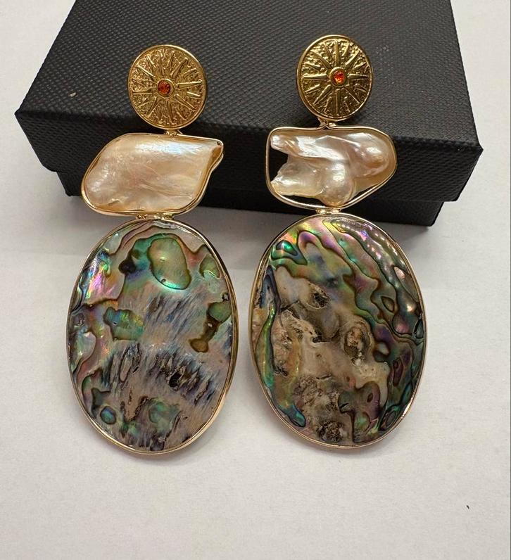 Abalone Shell Oorbellen met Parels & Goud, Sieraden, Tassen en Uiterlijk, Oorbellen, Nieuw, Hangers, Goud, Met edelsteen, Verzenden