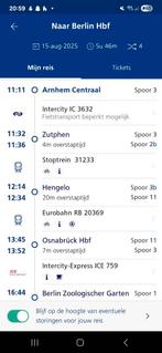 Retour Arnhem - Berlijn 15 tm 18 augustus, Tickets en Kaartjes, Eén persoon, Trein, Buitenland, Met bestemming of datum
